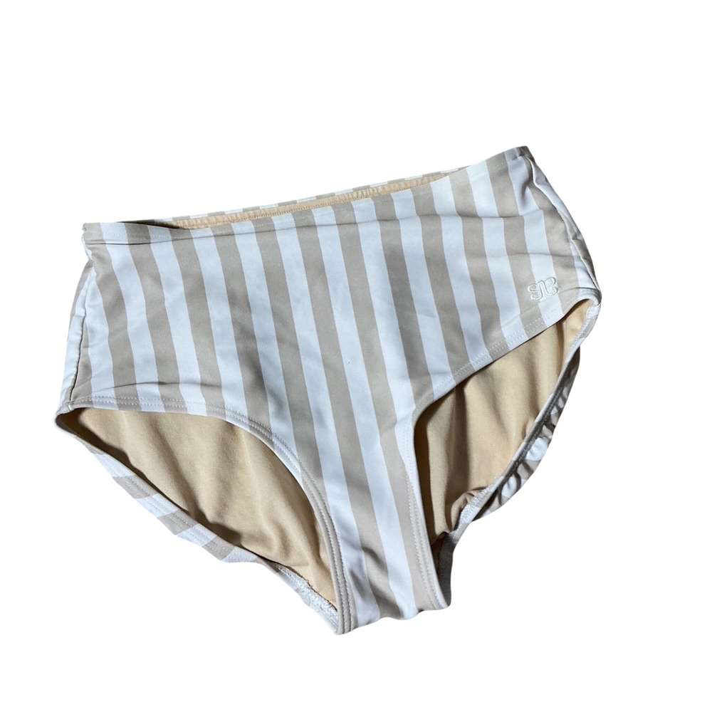 Albion Fit Tan White Striped High Waisted Bikini Bottoms XS Full Coverage Swim